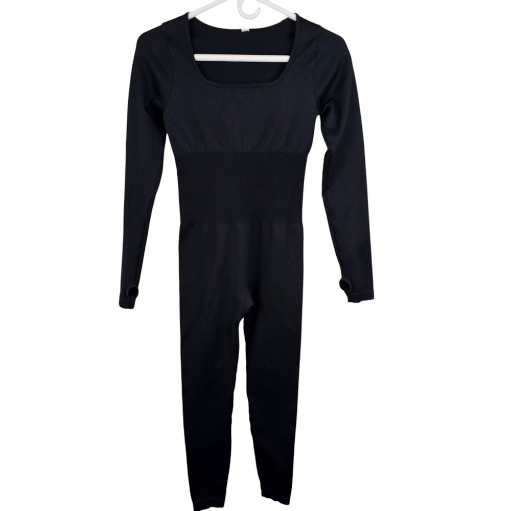 Black ribbed stretch unitard thumbholes long sleeves square neck XS-S